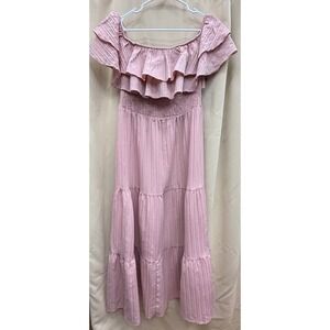 Womens 1XL Dusty Pink Off Shoulder Smocked Tiered Ruffle Maxi Dress Boho Summer